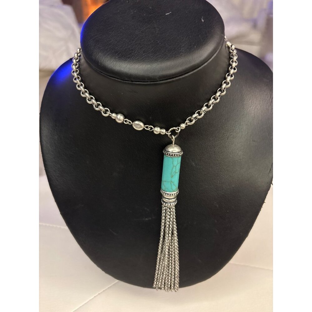 Chicos Turquoise & Silver Tassel Necklace With Chain & Bead Accents Long